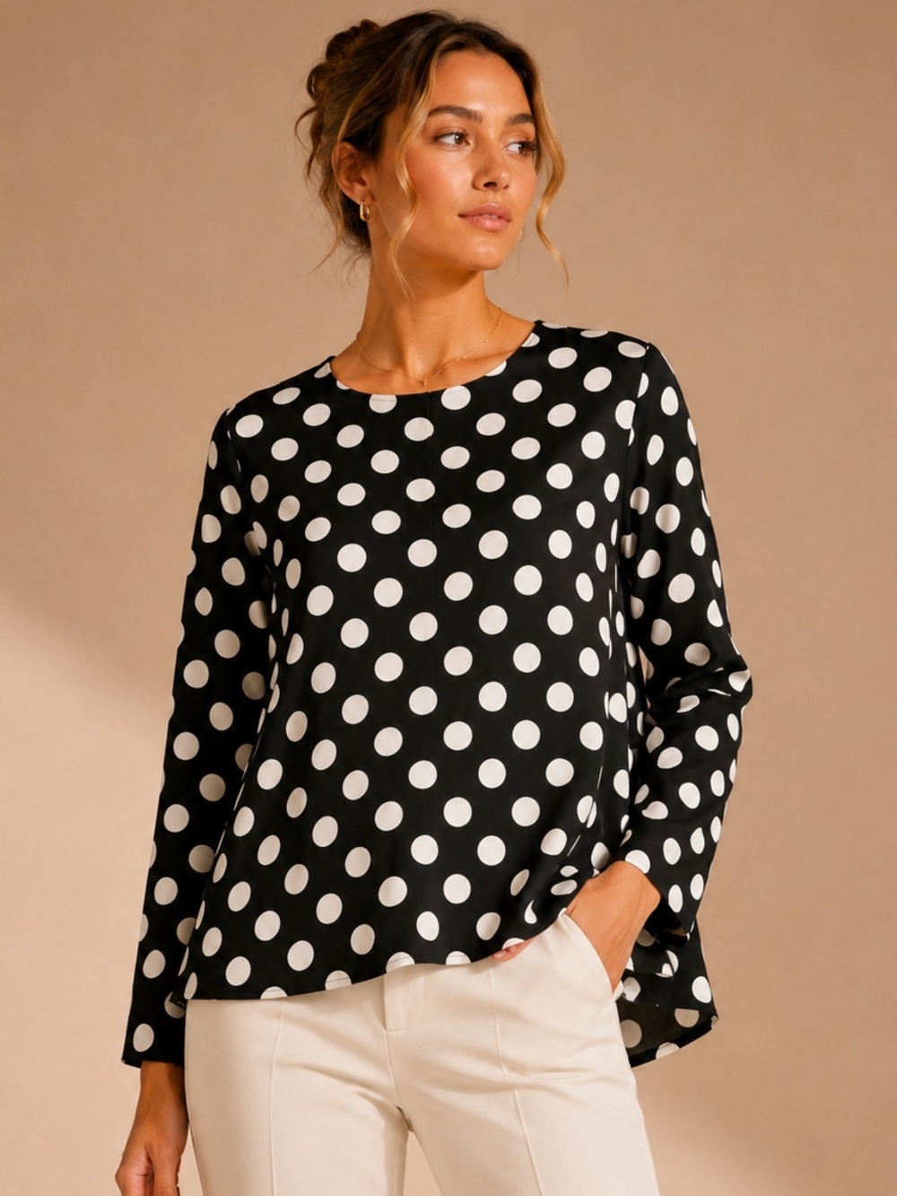 FRNCH Black White Polka Dot Long Sleeve Blouse Size L Parisian Chic